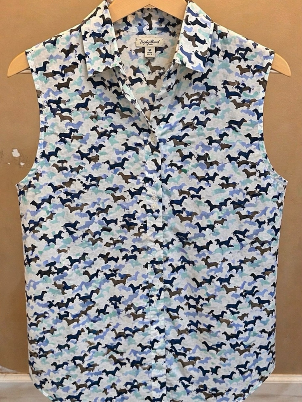 Lucky Brand Women's Sleeveless Horse-Print Button Front Blouse - Blue Multi | M